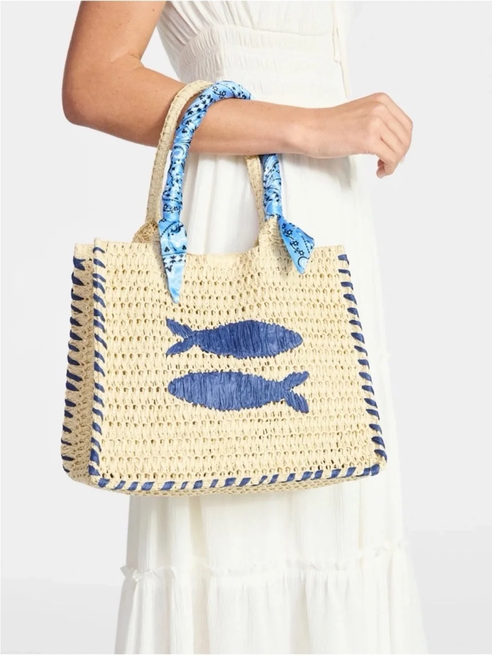 No Boundaries Natural Mini Straw Tote Bag with Blue Fish Motif - Picture 1 of 5